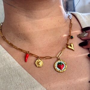 Gold Charm Necklace with Red and Green Accents
